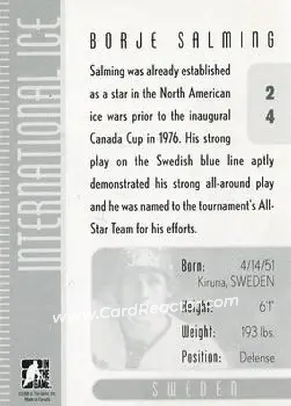 2006-07 In The Game Used International Ice #24 - Borje Salming - Sweden - Back