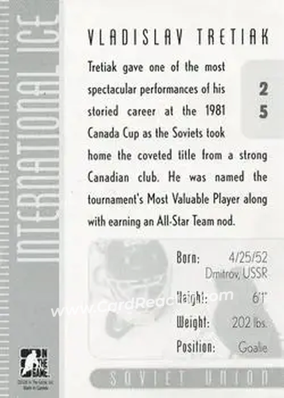 2006-07 In The Game Used International Ice #25 - Vladislav Tretiak - USSR - Back