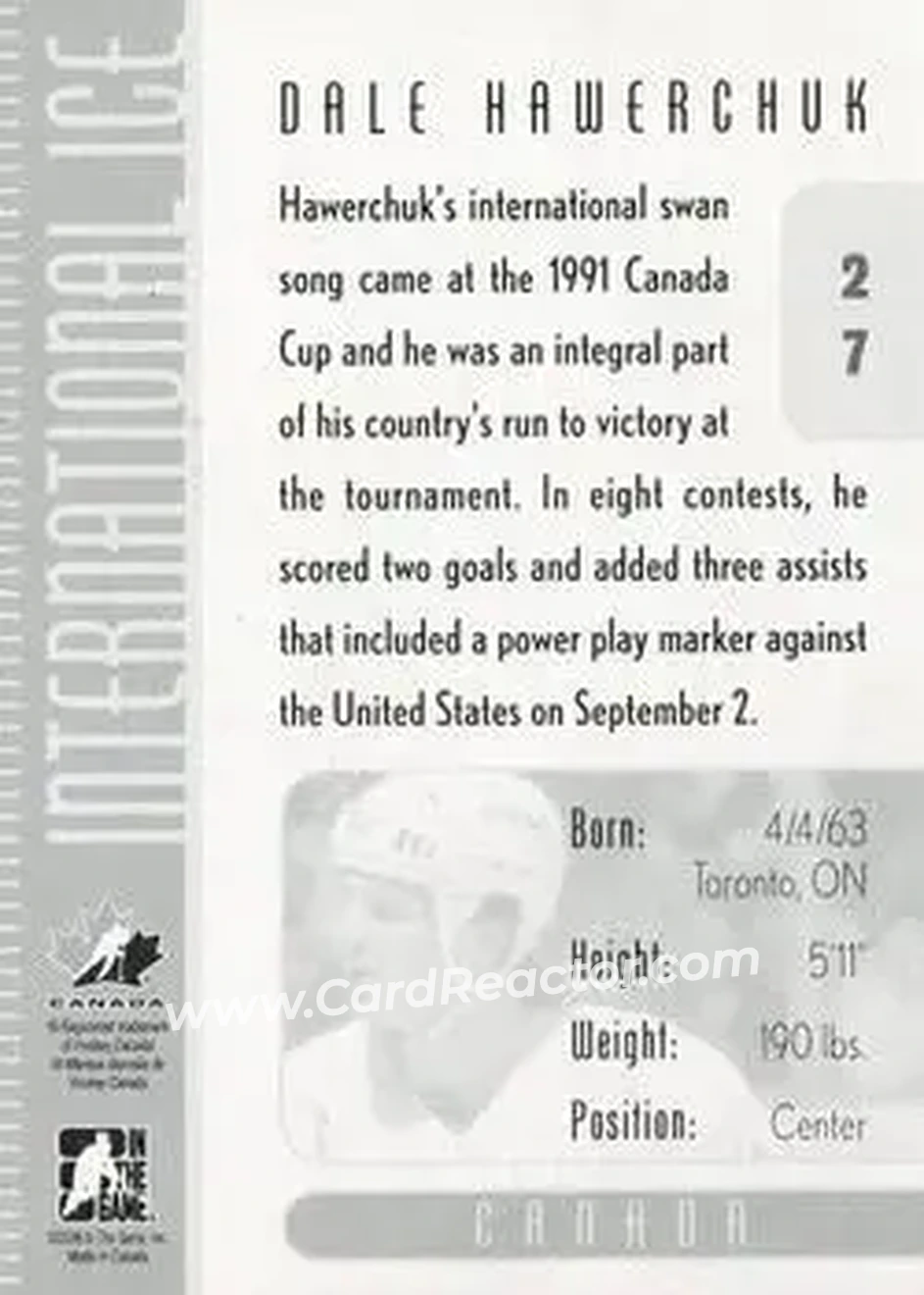 2006-07 In The Game Used International Ice #27 - Dale Hawerchuk - Canada - Back