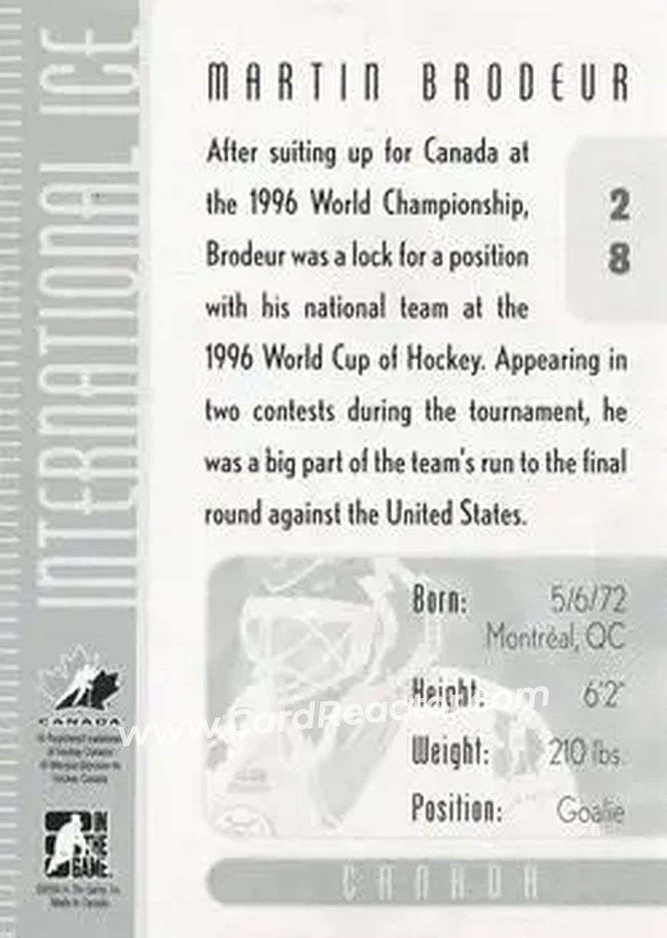 2006-07 In The Game Used International Ice #28 - Martin Brodeur - Canada - Back
