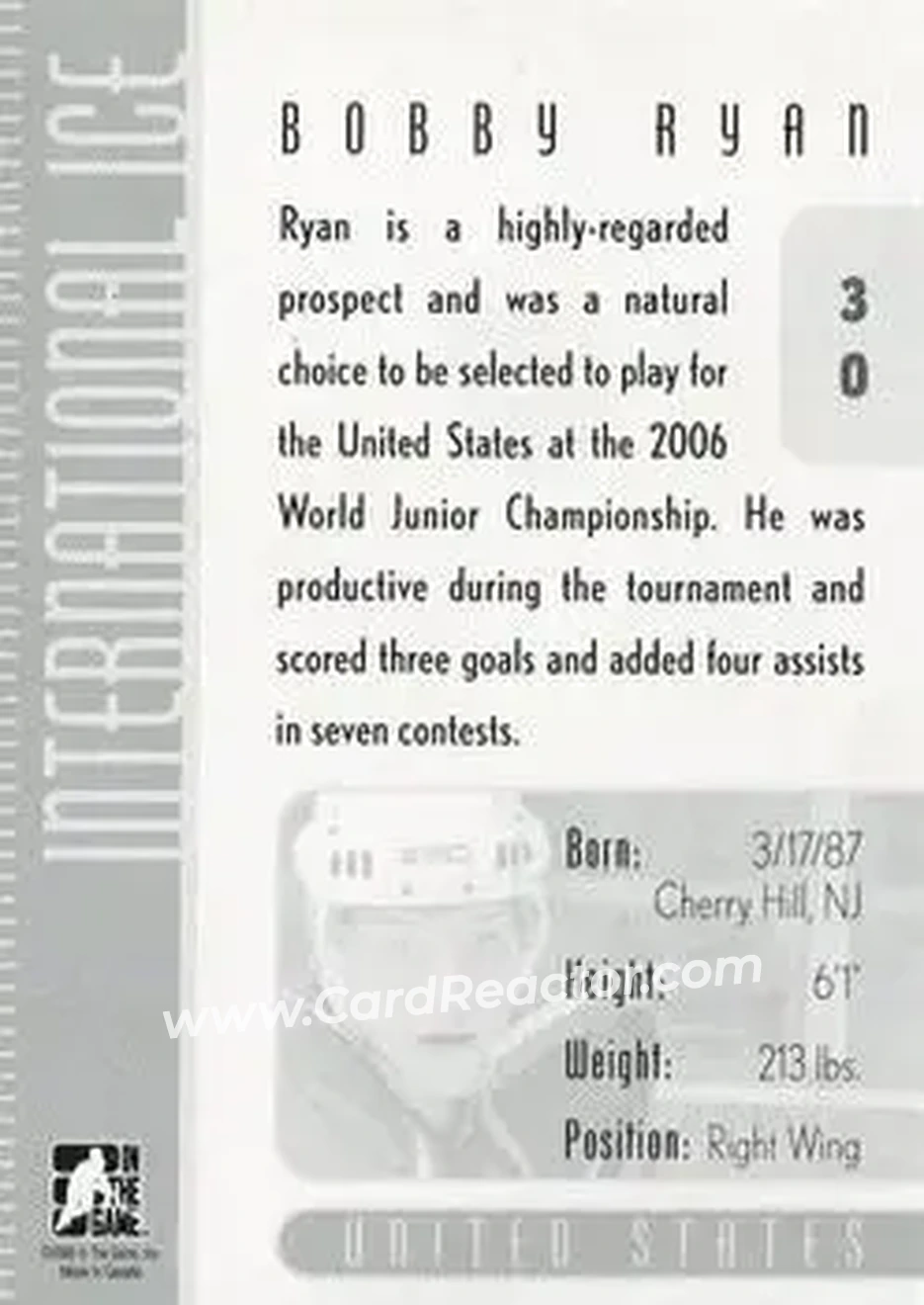 2006-07 In The Game Used International Ice #30 - Bobby Ryan - USA - Back 2006-07 In The Game Used International Ice #30 - Bobby Ryan - USA - Back