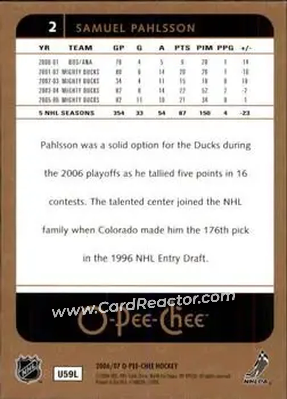 2006-07 O-Pee-Chee #2 - Samuel Pahlsson - Anaheim Ducks - Back