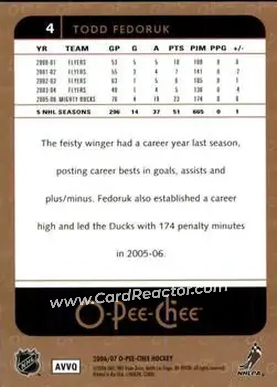 2006-07 O-Pee-Chee #4 - Todd Fedoruk - Philadelphia Flyers - Back