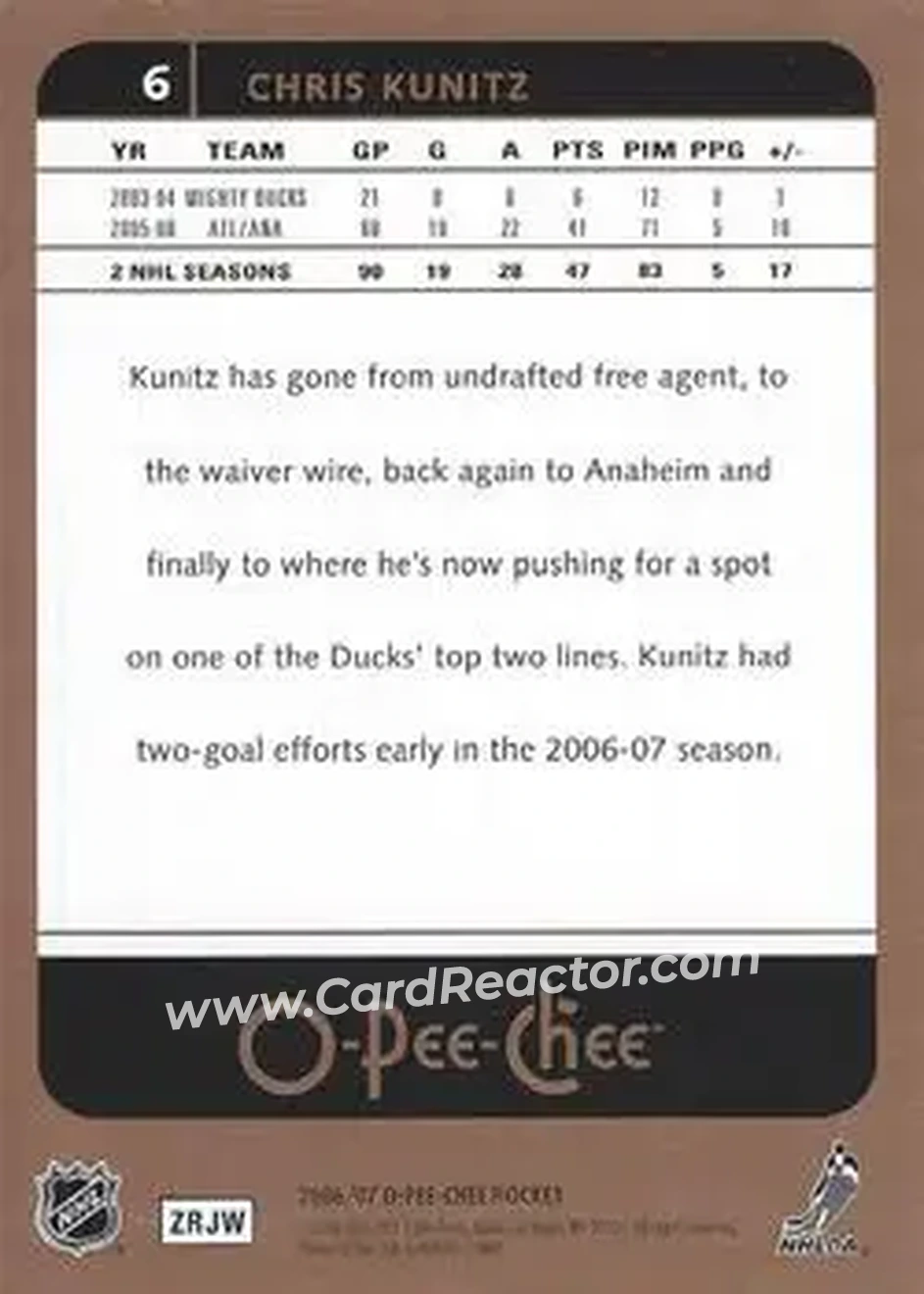 2006-07 O-Pee-Chee #6 - Chris Kunitz - Anaheim Ducks - Back