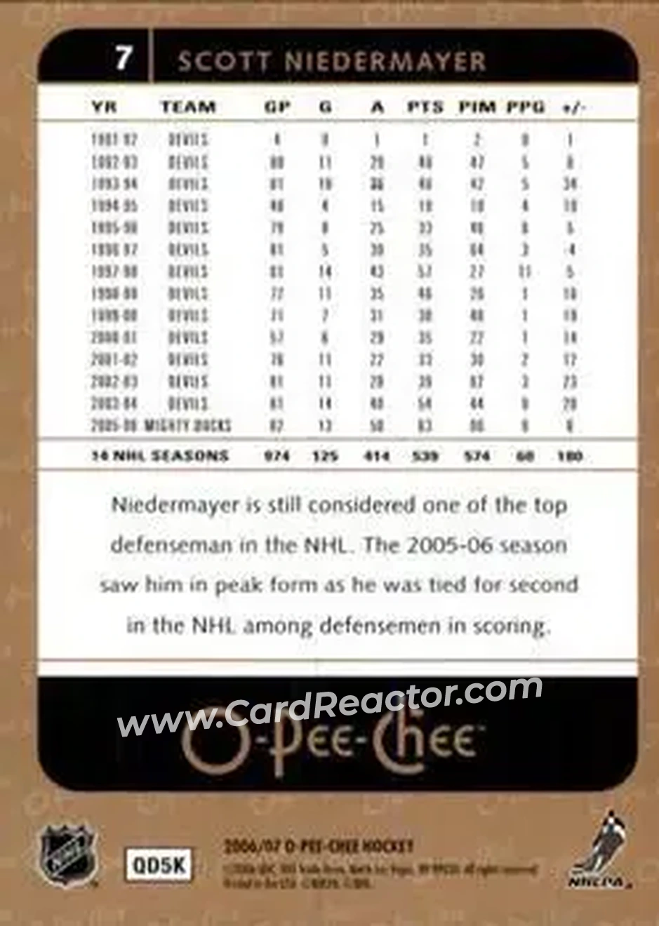 2006-07 O-Pee-Chee #7 - Scott Niedermayer - Anaheim Ducks - Back