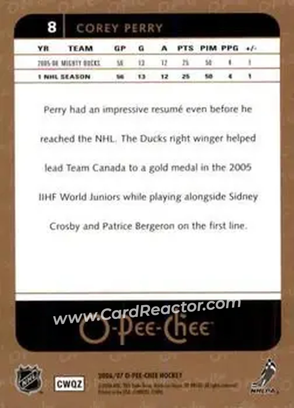 2006-07 O-Pee-Chee #8 - Corey Perry - Anaheim Ducks - Back