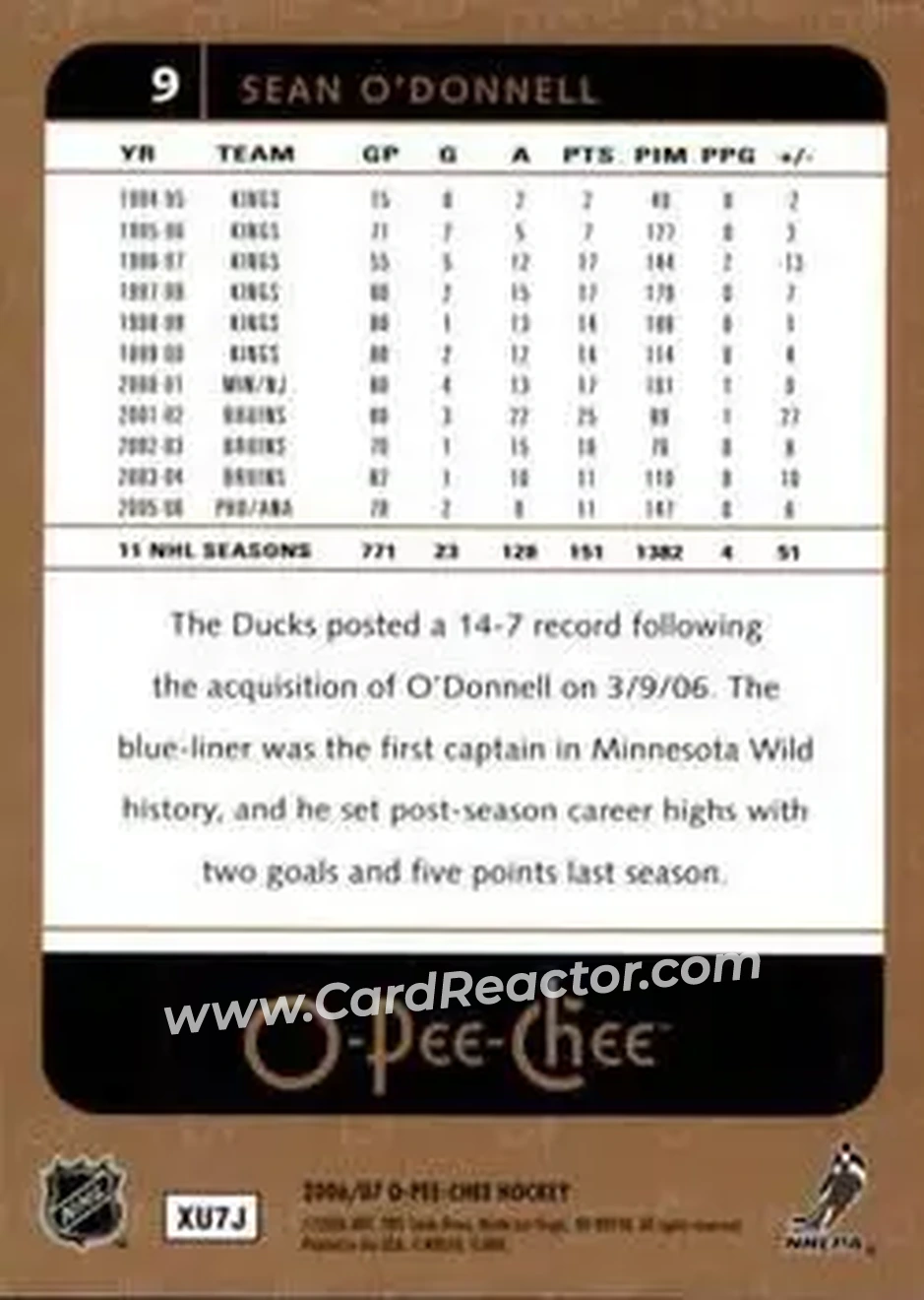 2006-07 O-Pee-Chee #9 - Sean O'Donnell - Anaheim Ducks - Back