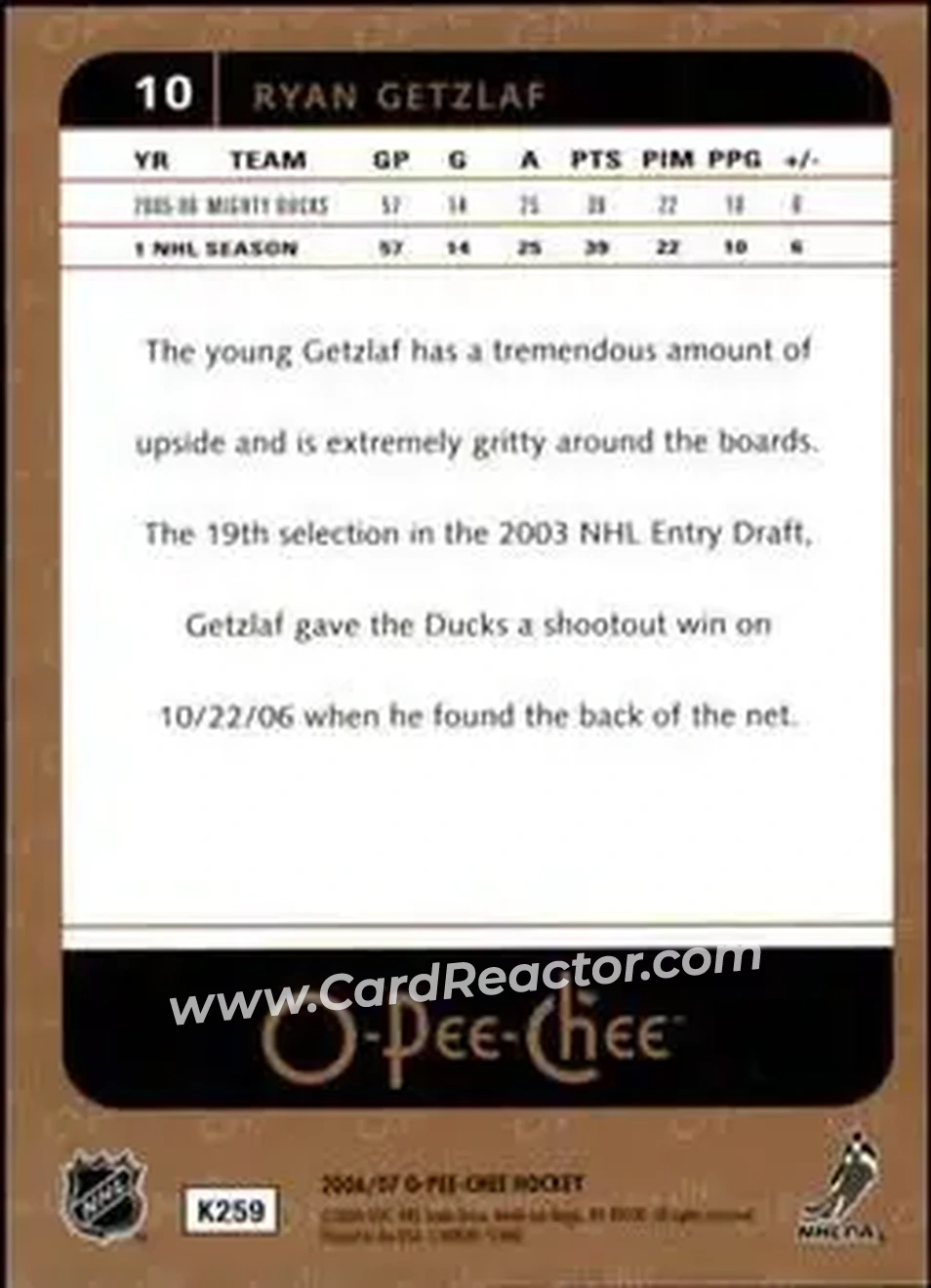 2006-07 O-Pee-Chee #10 - Ryan Getzlaf - Anaheim Ducks - Back