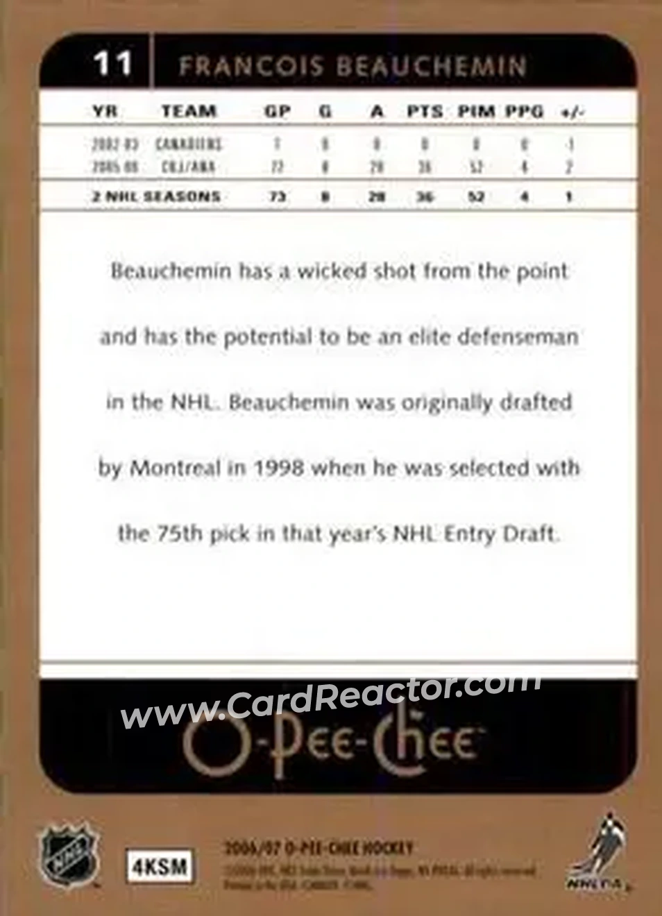 2006-07 O-Pee-Chee #11 - Francois Beauchemin - Anaheim Ducks - Back