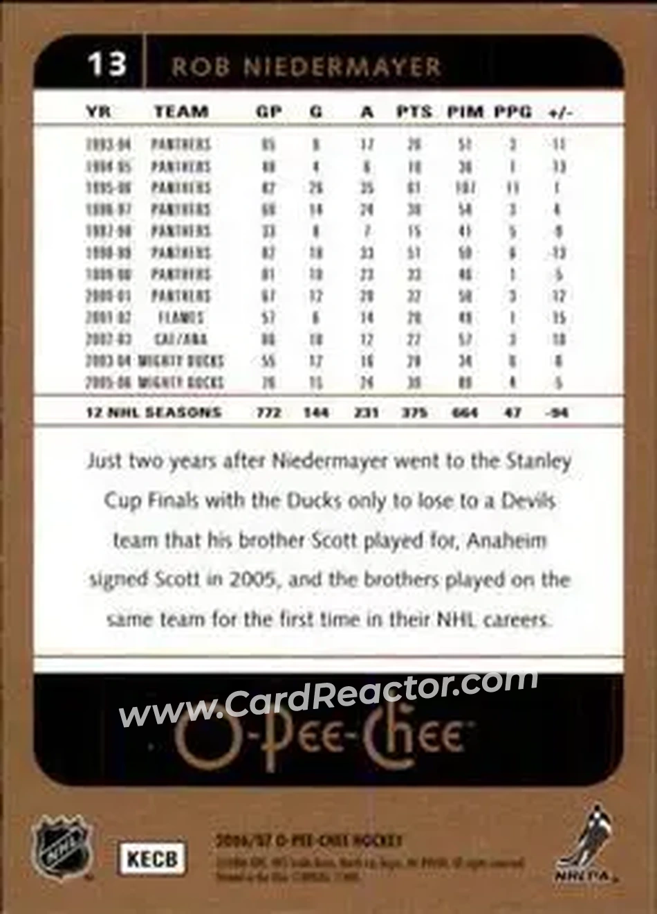2006-07 O-Pee-Chee #13 - Rob Niedermayer - Anaheim Ducks - Back