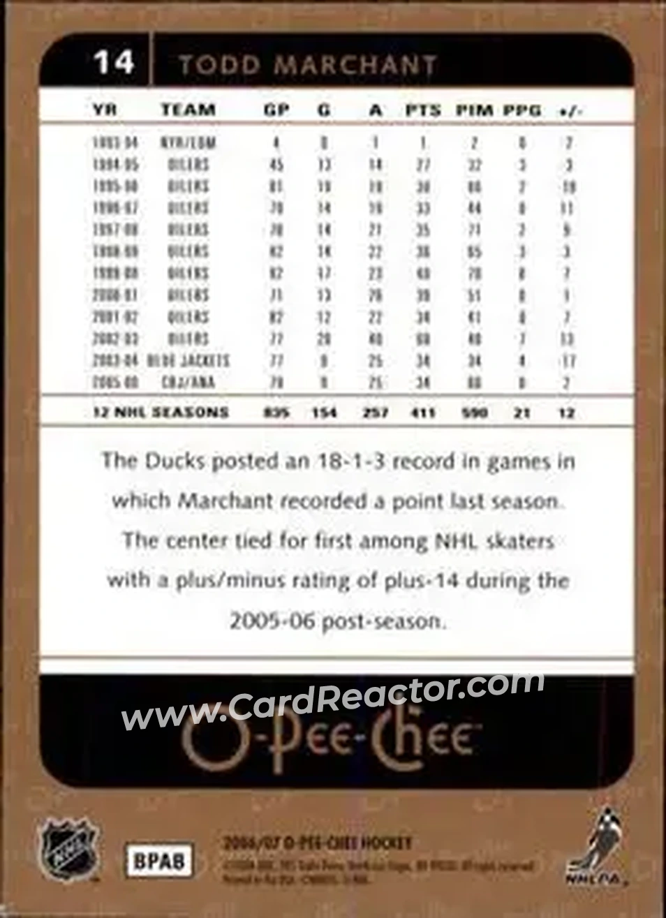 2006-07 O-Pee-Chee #14 - Todd Marchant - Anaheim Ducks - Back