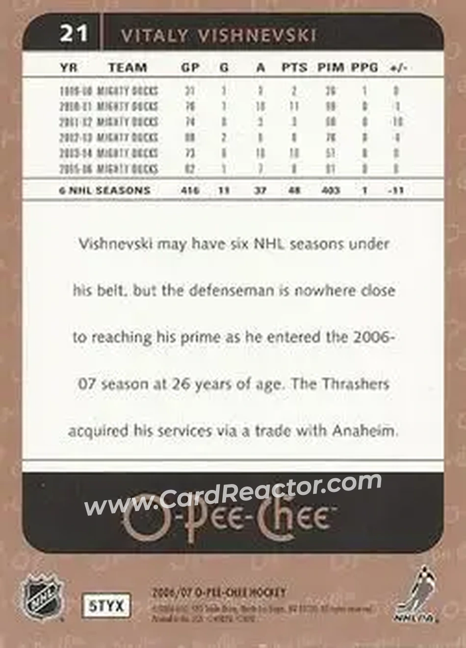 2006-07 O-Pee-Chee #21 - Vitaly Vishnevski - Atlanta Thrashers - Back