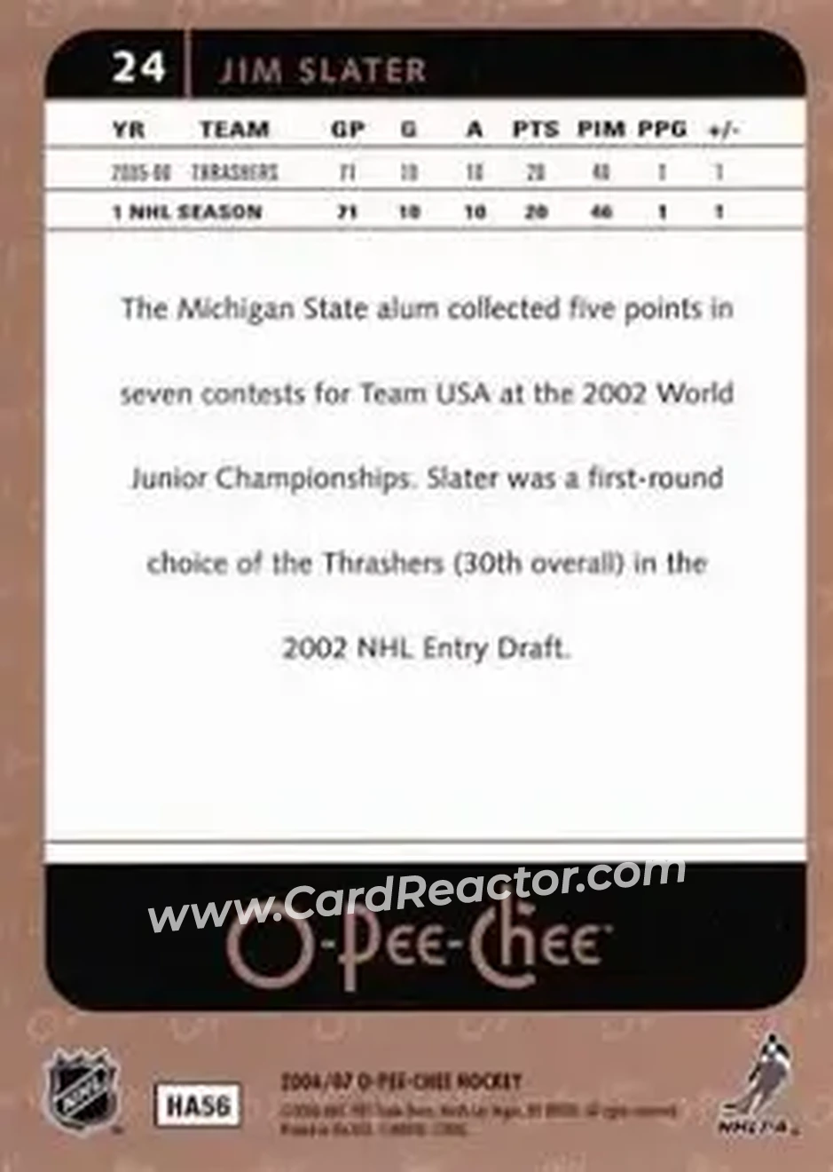 2006-07 O-Pee-Chee #24 - Jim Slater - Atlanta Thrashers - Back