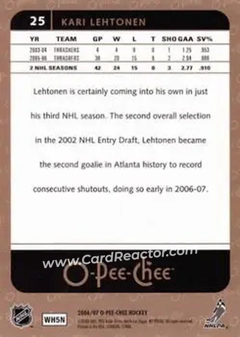 2006-07 O-Pee-Chee #25 - Kari Lehtonen - Atlanta Thrashers - Back
