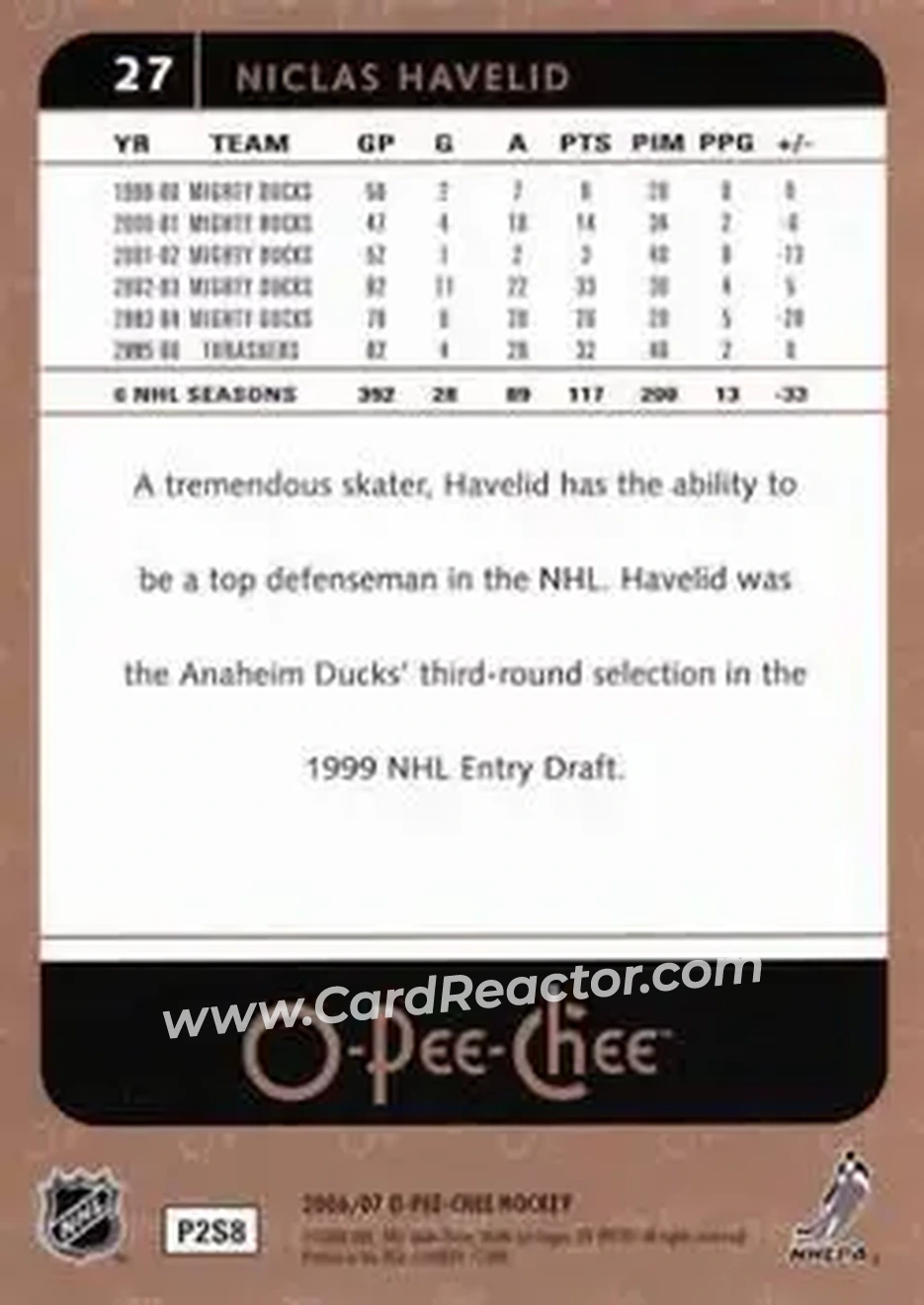2006-07 O-Pee-Chee #27 - Niclas Havelid - Atlanta Thrashers - Back