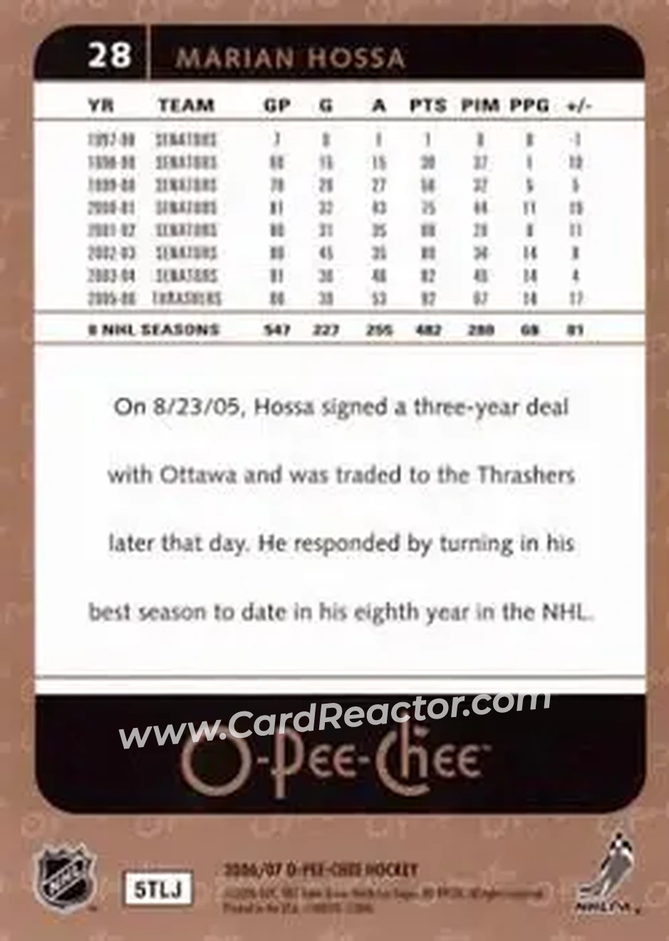 2006-07 O-Pee-Chee #28 - Marian Hossa - Atlanta Thrashers - Back