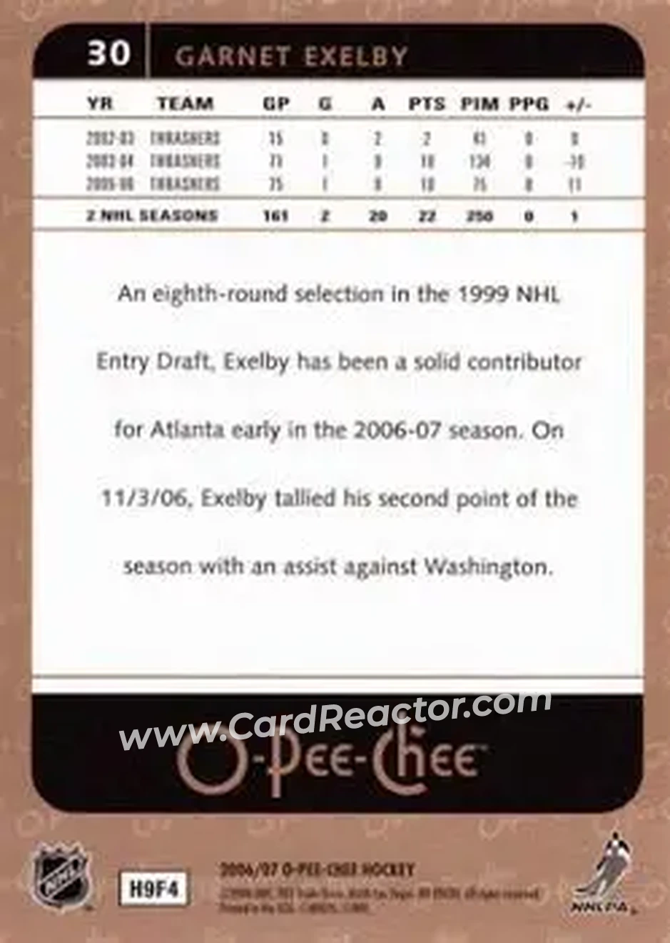 2006-07 O-Pee-Chee #30 - Garnet Exelby - Atlanta Thrashers - Back
