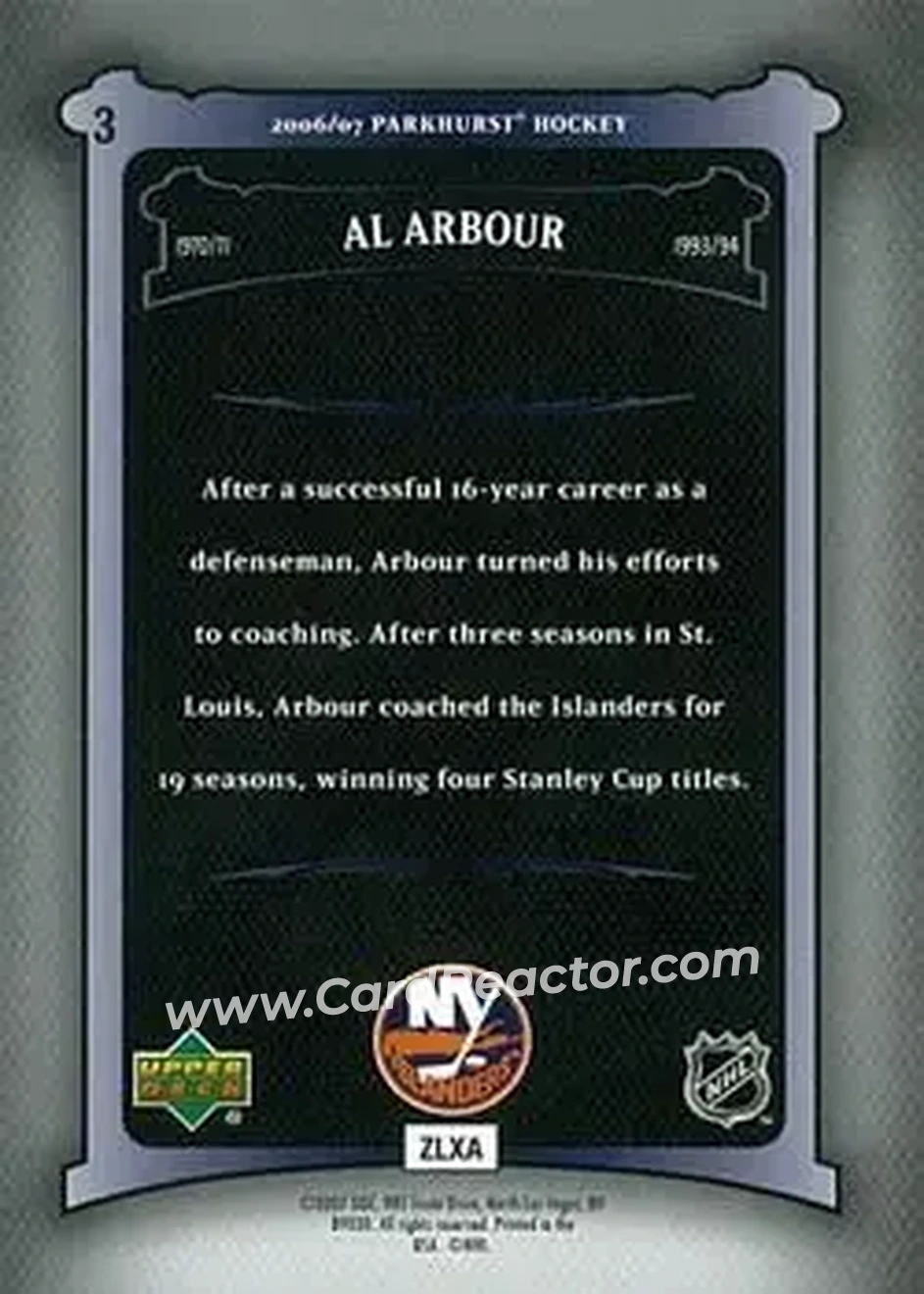 2006-07 Parkhurst #3 - Al Arbour - New York Islanders - Back