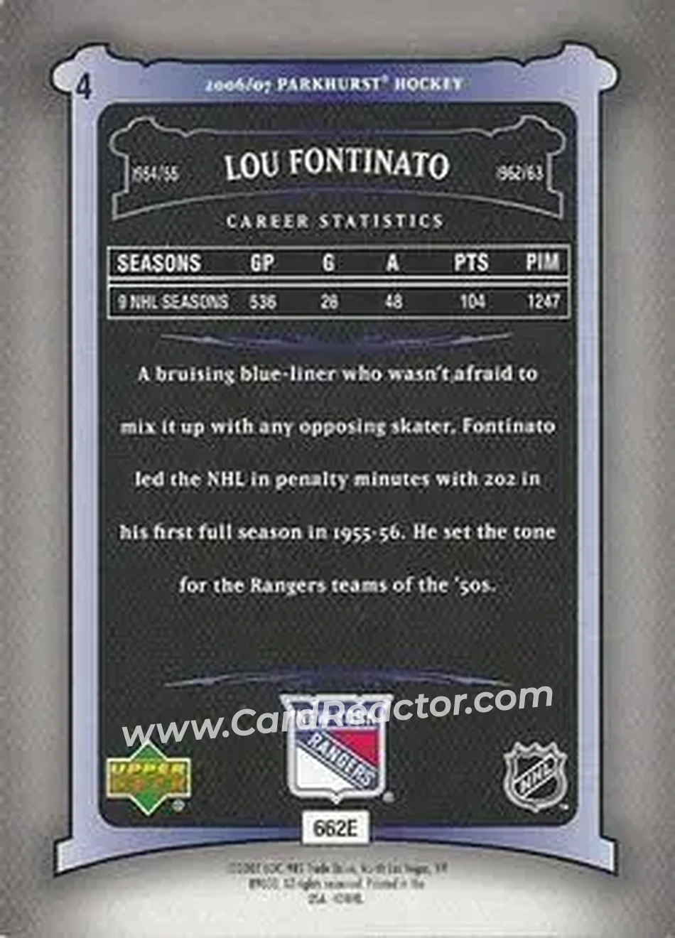 2006-07 Parkhurst #4 - Lou Fontinato - New York Rangers - Back