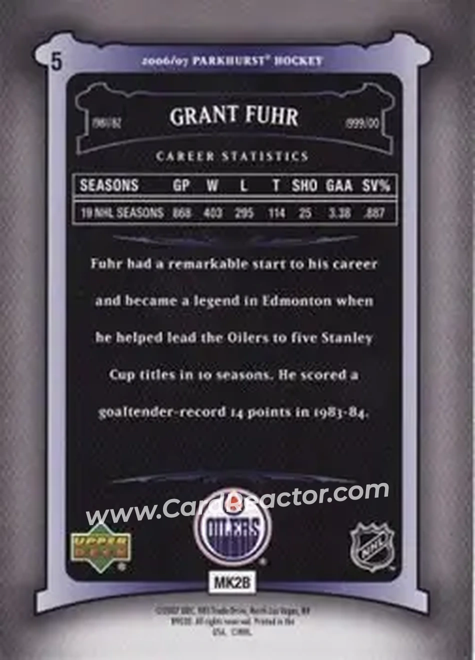 2006-07 Parkhurst #5 - Grant Fuhr - Edmonton Oilers - Back