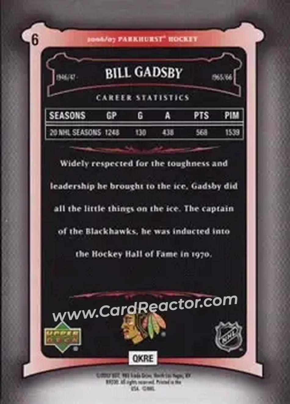 2006-07 Parkhurst #6 - Bill Gadsby - Chicago Blackhawks - Back