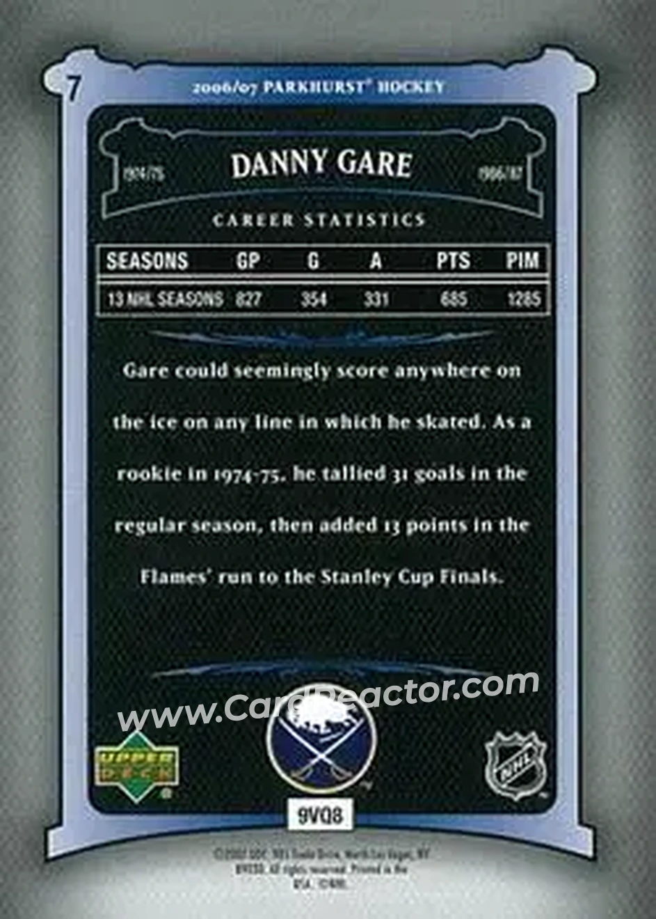 2006-07 Parkhurst #7 - Danny Gare - Buffalo Sabres - Back