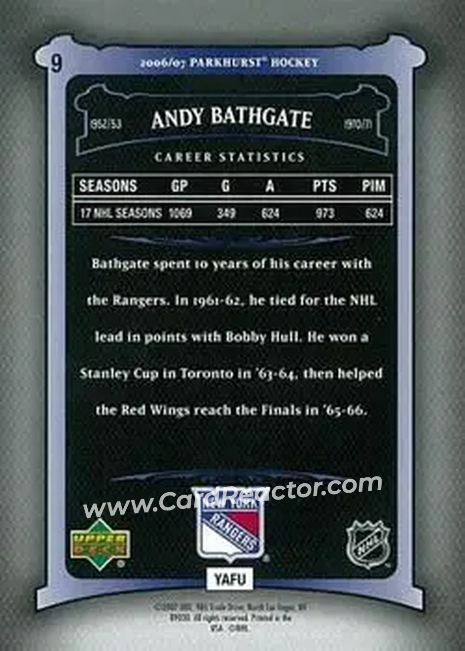 2006-07 Parkhurst #9 - Andy Bathgate - New York Rangers - Back