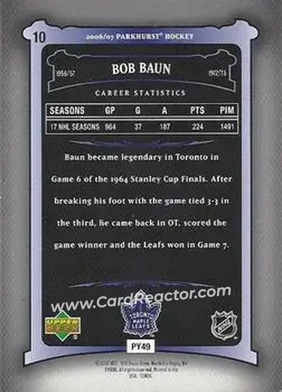 2006-07 Parkhurst #10 - Bob Baun - Toronto Maple Leafs - Back