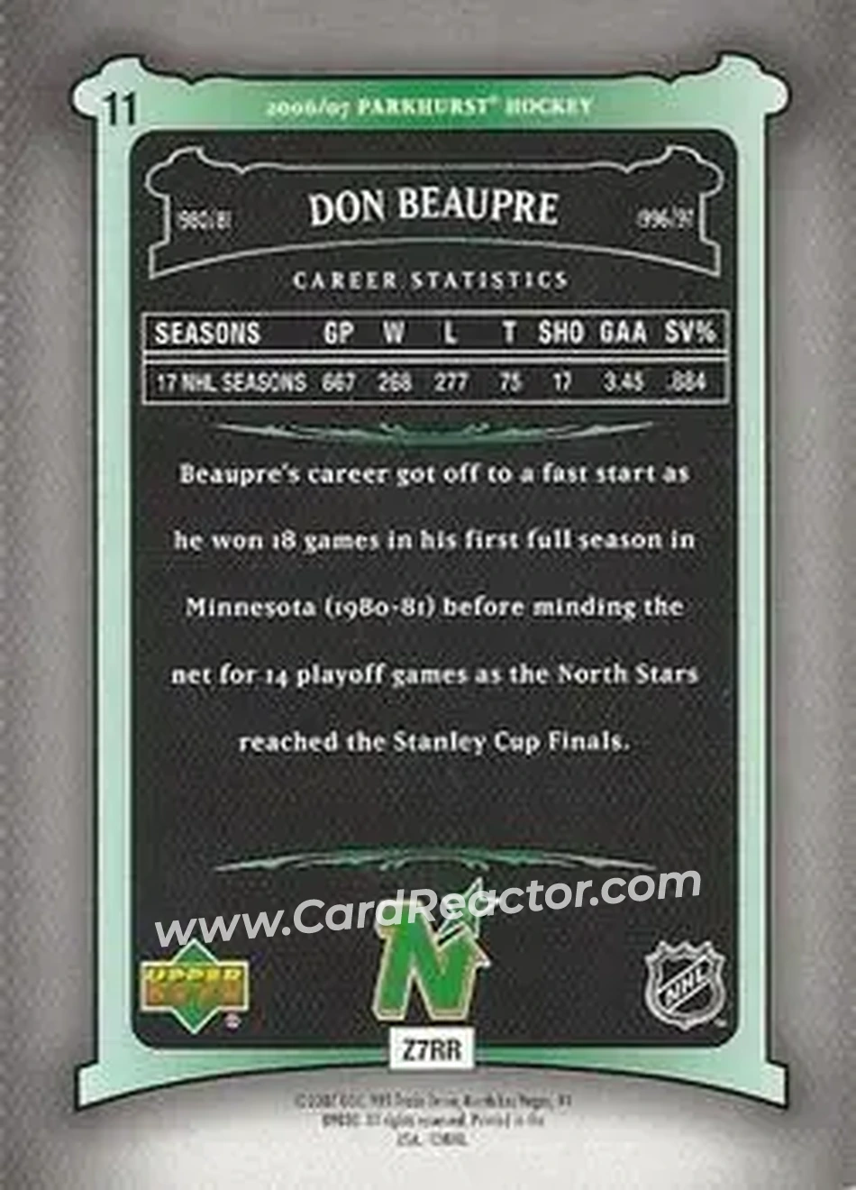 2006-07 Parkhurst #11 - Don Beaupre - Minnesota North Stars - Back