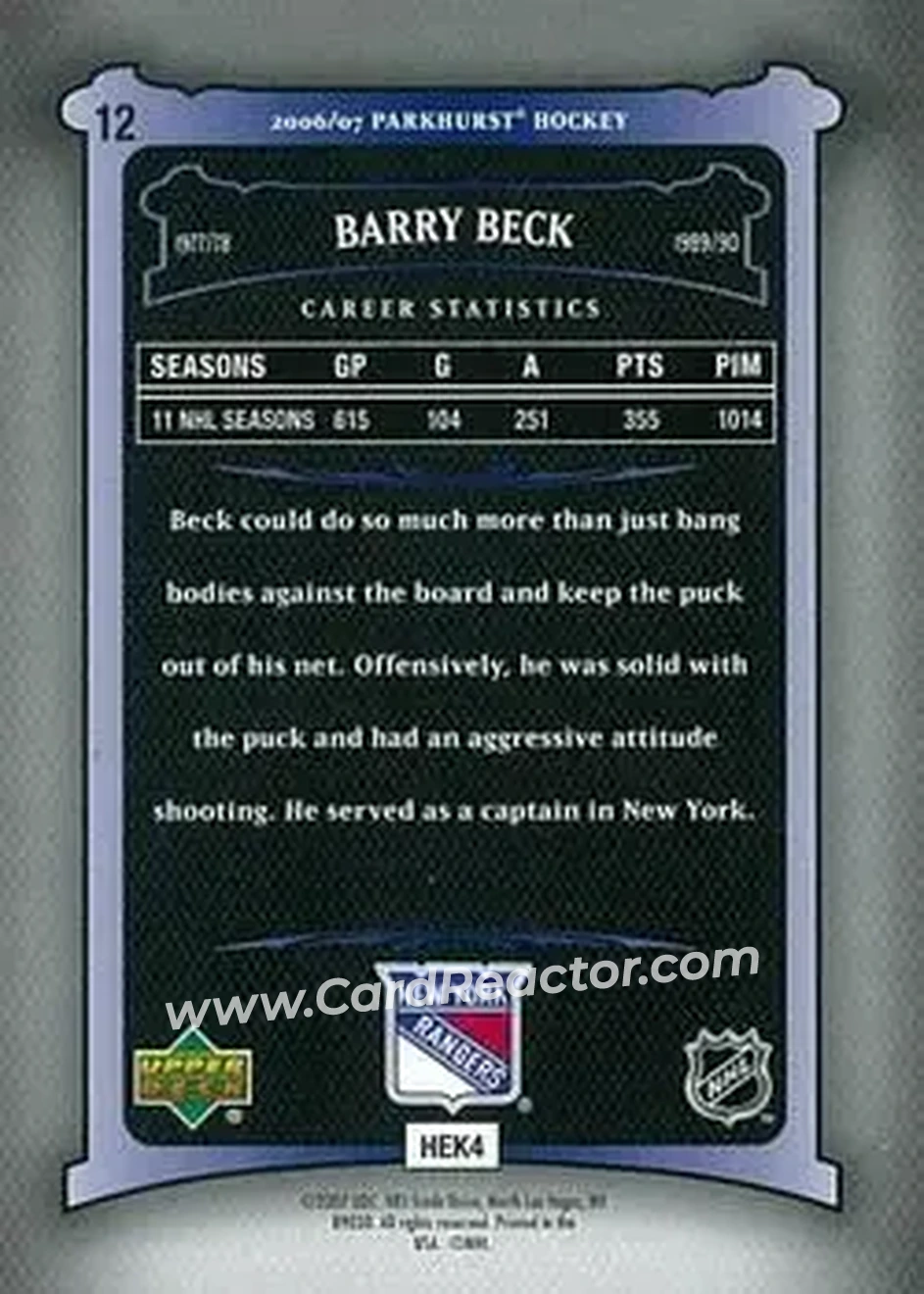 2006-07 Parkhurst #12 - Barry Beck - New York Rangers - Back
