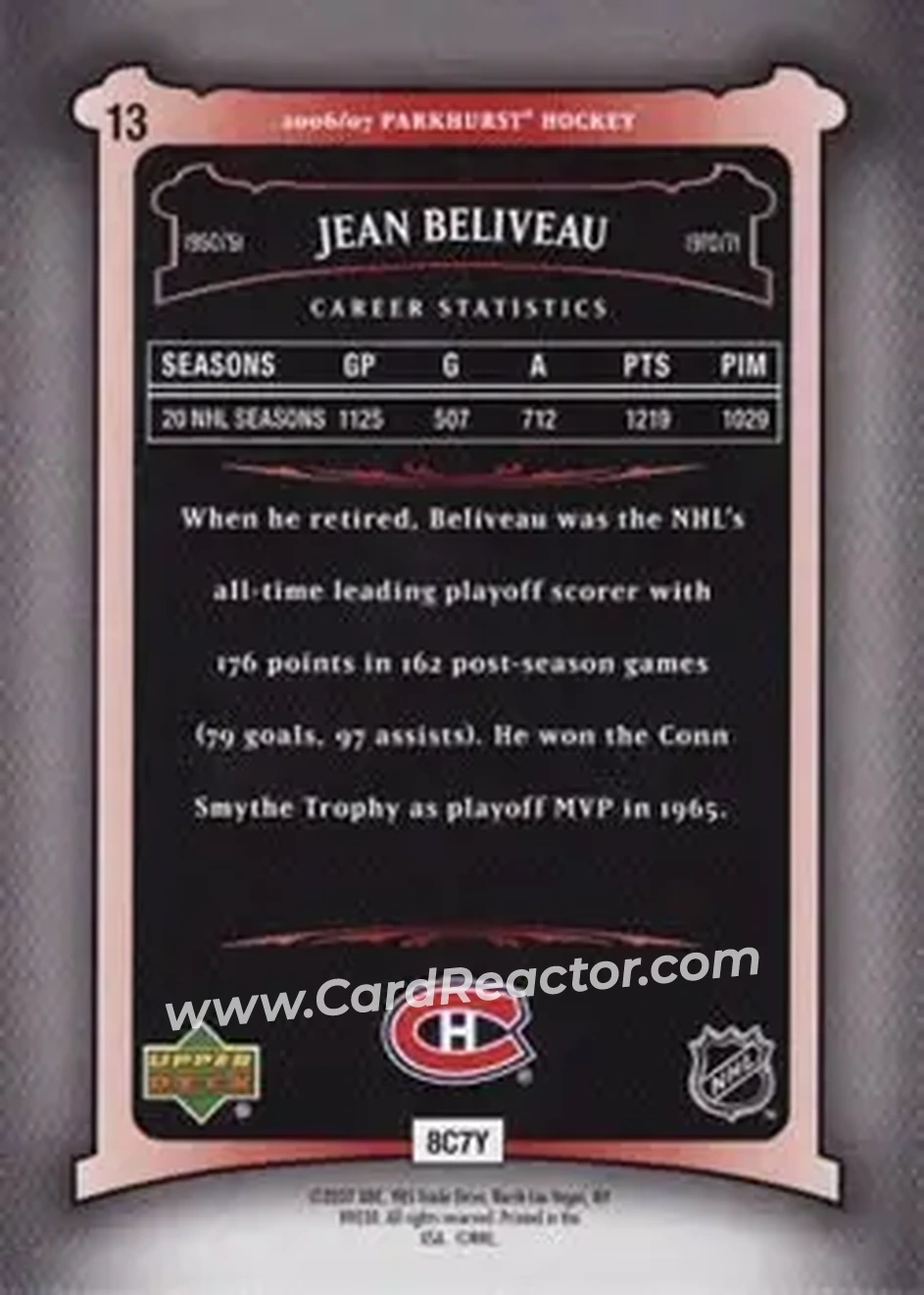 2006-07 Parkhurst #13 - Jean Beliveau - Montreal Canadiens - Back