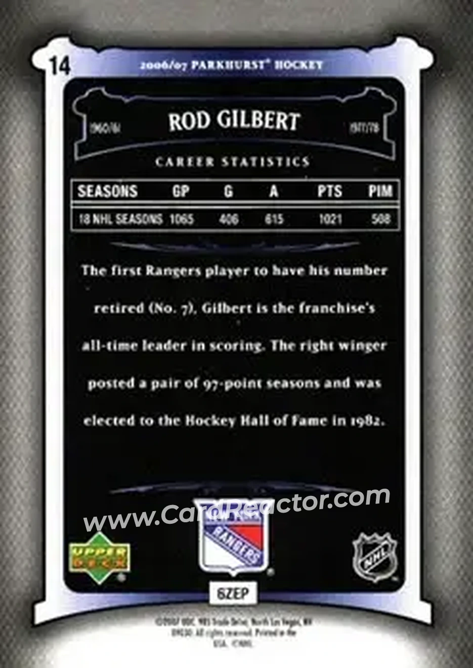 2006-07 Parkhurst #14 - Rod Gilbert - New York Rangers - Back