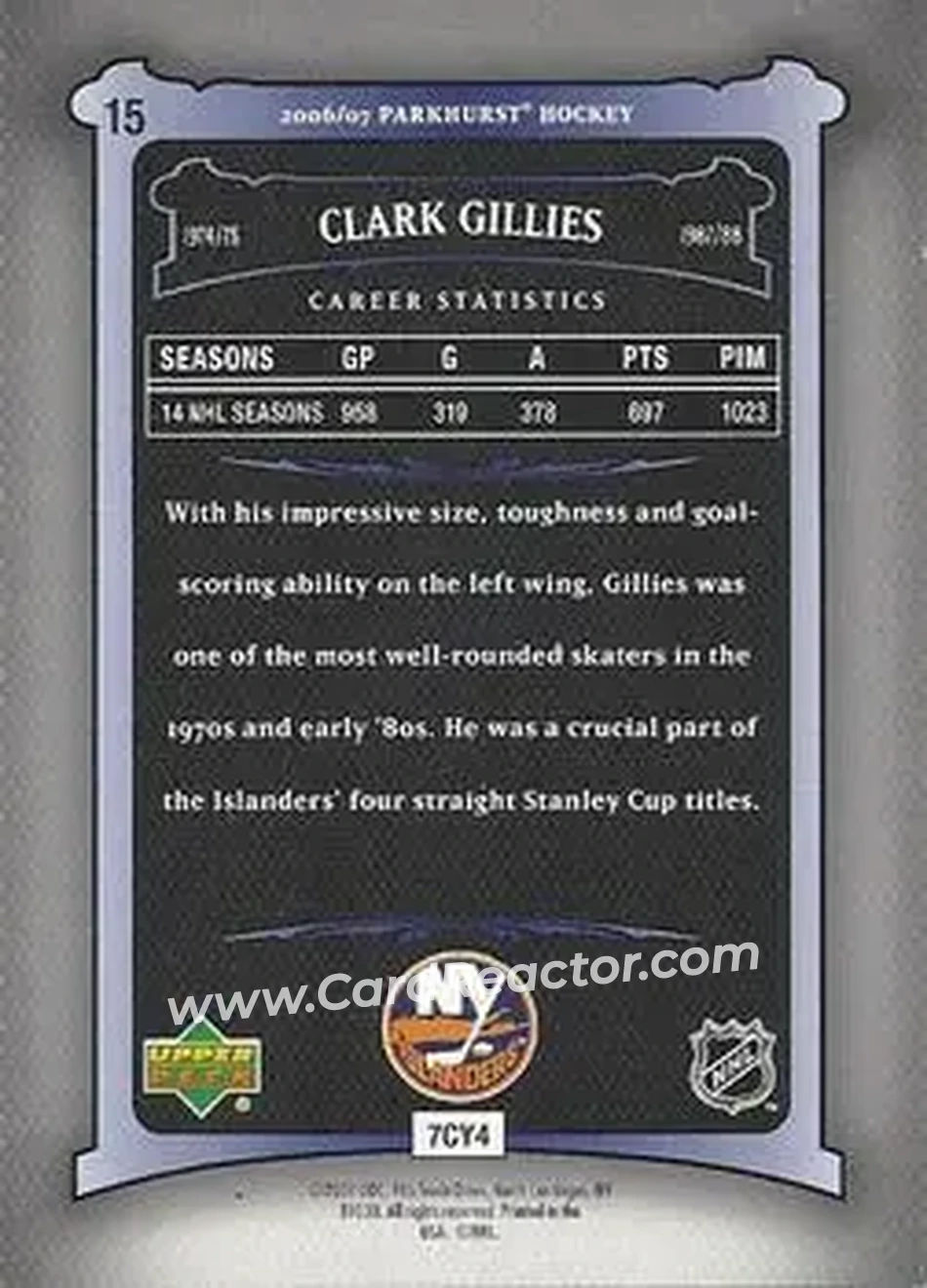 2006-07 Parkhurst #15 - Clark Gillies - New York Islanders - Back