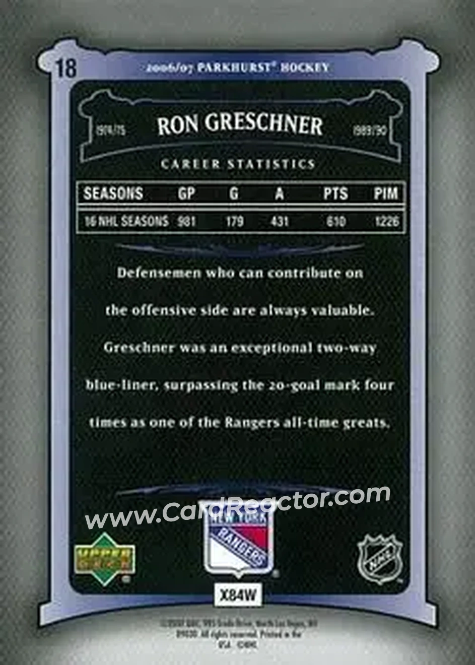 2006-07 Parkhurst #18 - Ron Greschner - New York Rangers - Back