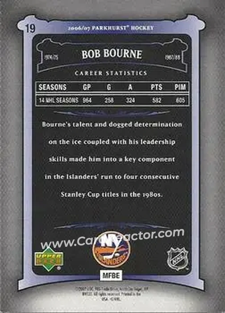 2006-07 Parkhurst #19 - Bob Bourne - New York Islanders - Back