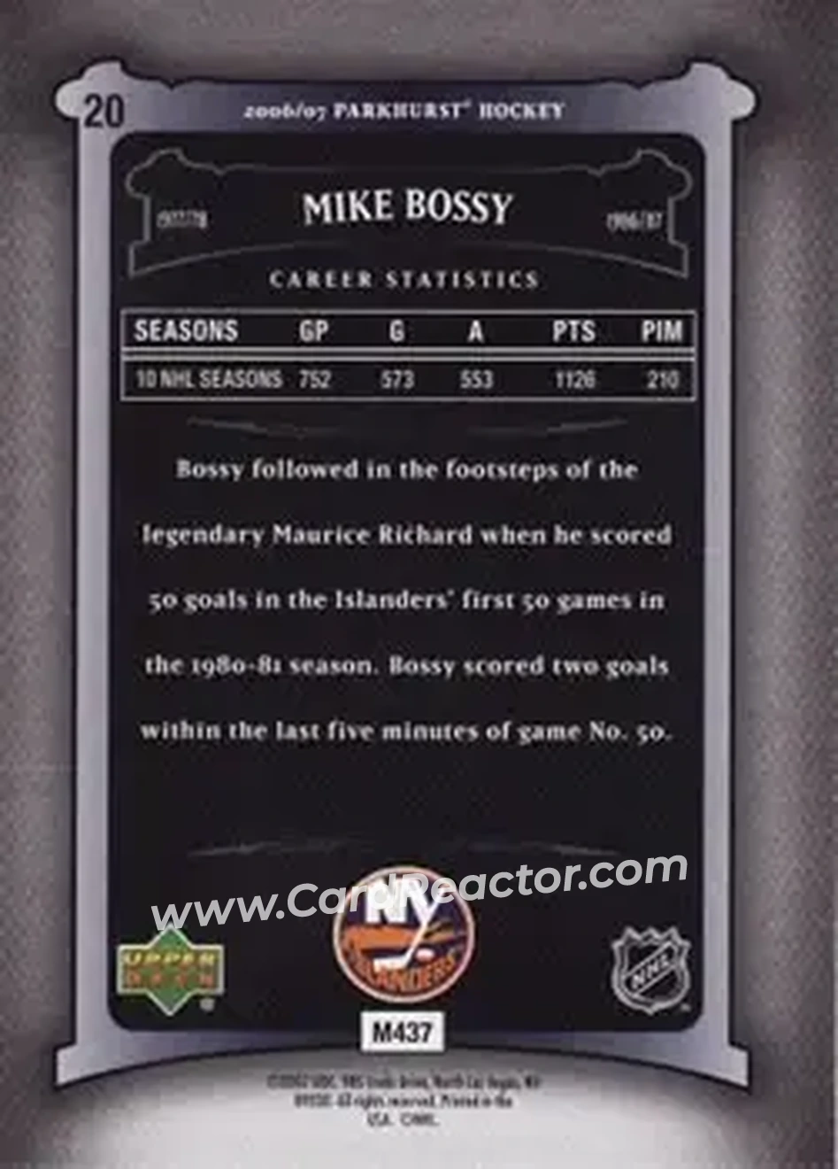2006-07 Parkhurst #20 - Mike Bossy - New York Islanders - Back