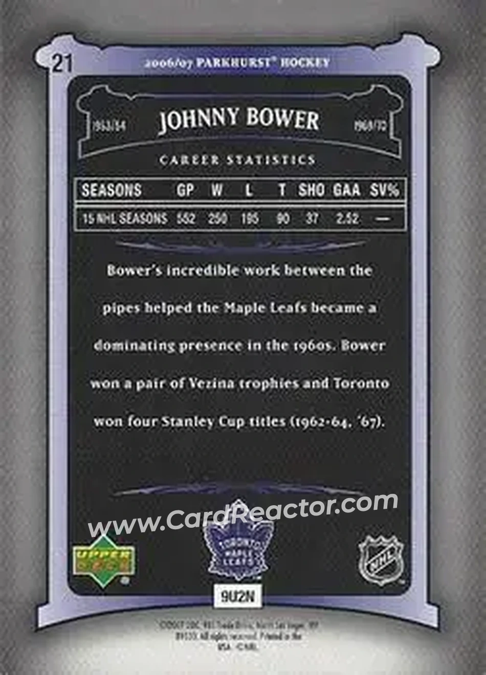 2006-07 Parkhurst #21 - John Bower - Toronto Maple Leafs - Back