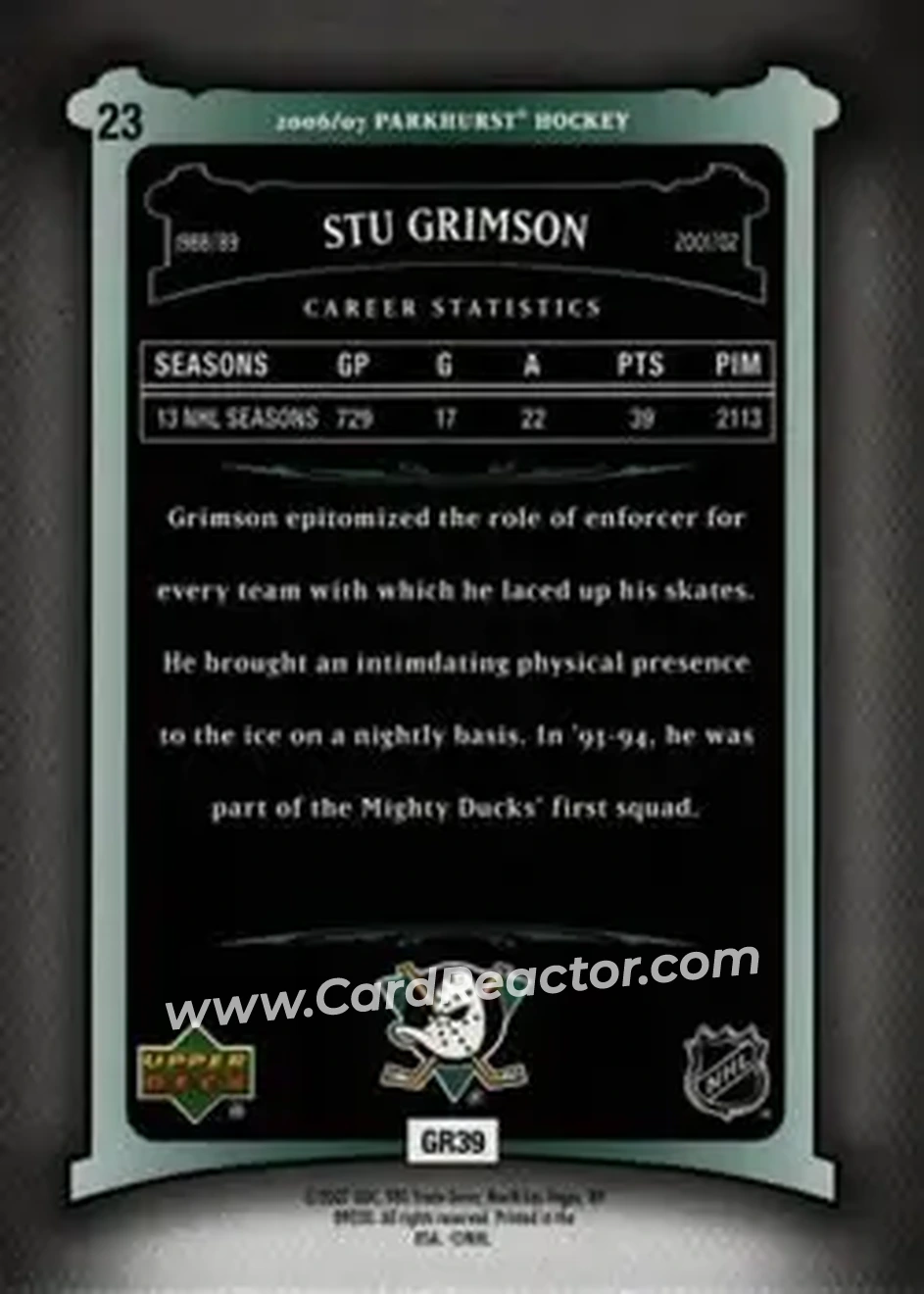 2006-07 Parkhurst #23 - Stu Grimson - Anaheim Mighty Ducks - Back