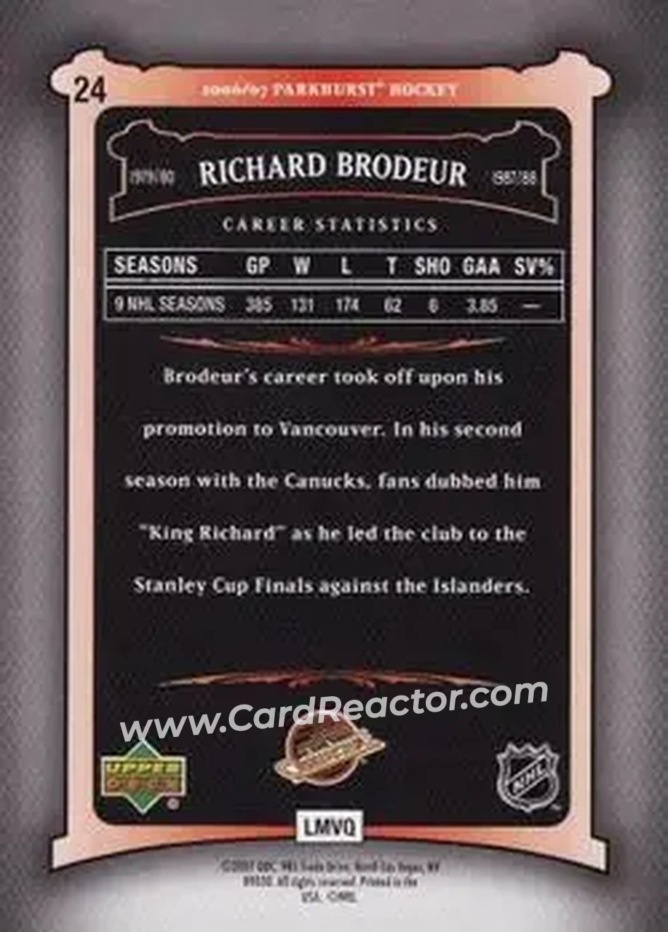2006-07 Parkhurst #24 - Richard Brodeur - Vancouver Canucks - Back