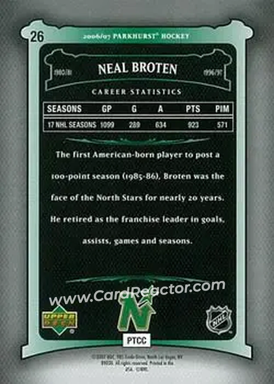 2006-07 Parkhurst #26 - Neal Broten - Minnesota North Stars - Back