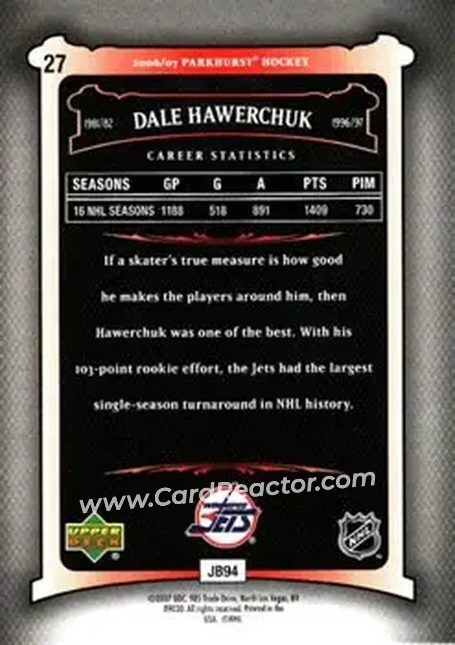 2006-07 Parkhurst #27 - Dale Hawerchuk - Winnipeg Jets - Back