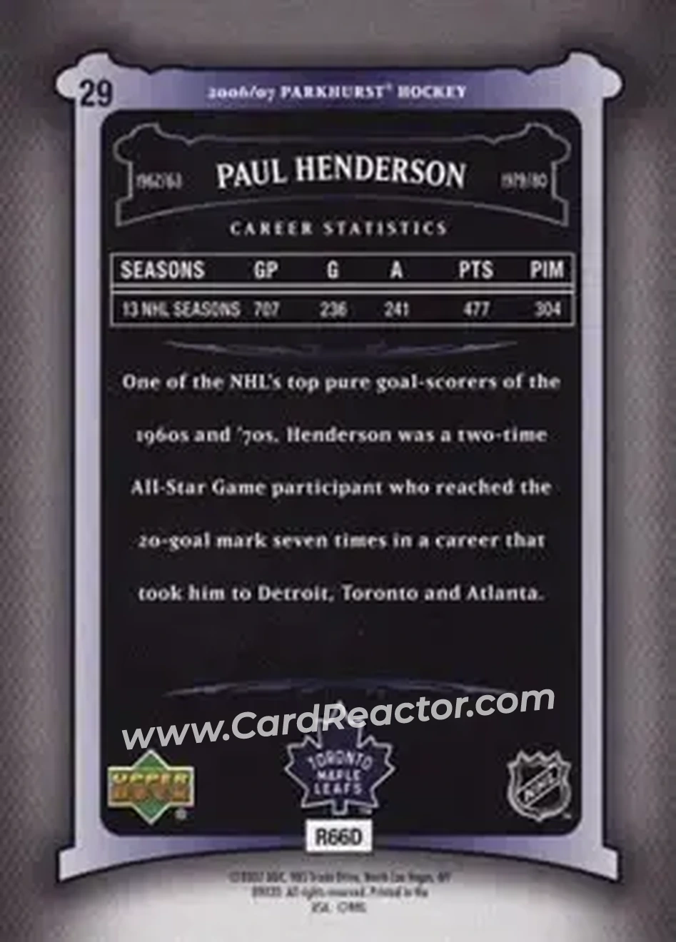 2006-07 Parkhurst #29 - Paul Henderson - Toronto Maple Leafs - Back
