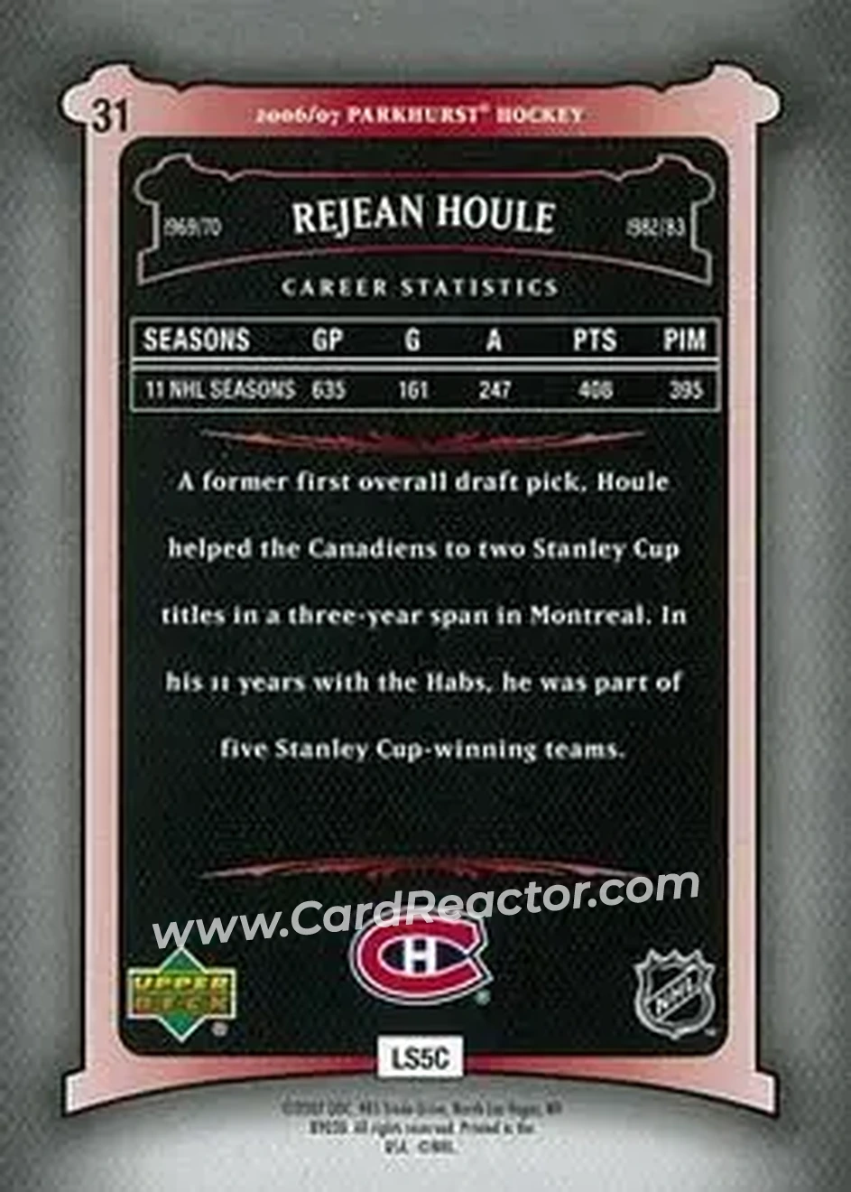 2006-07 Parkhurst #31 - Rejean Houle - Montreal Canadiens - Back