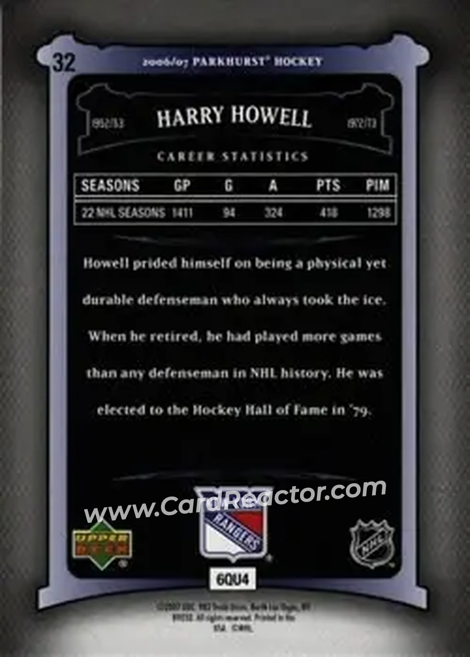 2006-07 Parkhurst #32 - Harry Howell - New York Rangers - Back