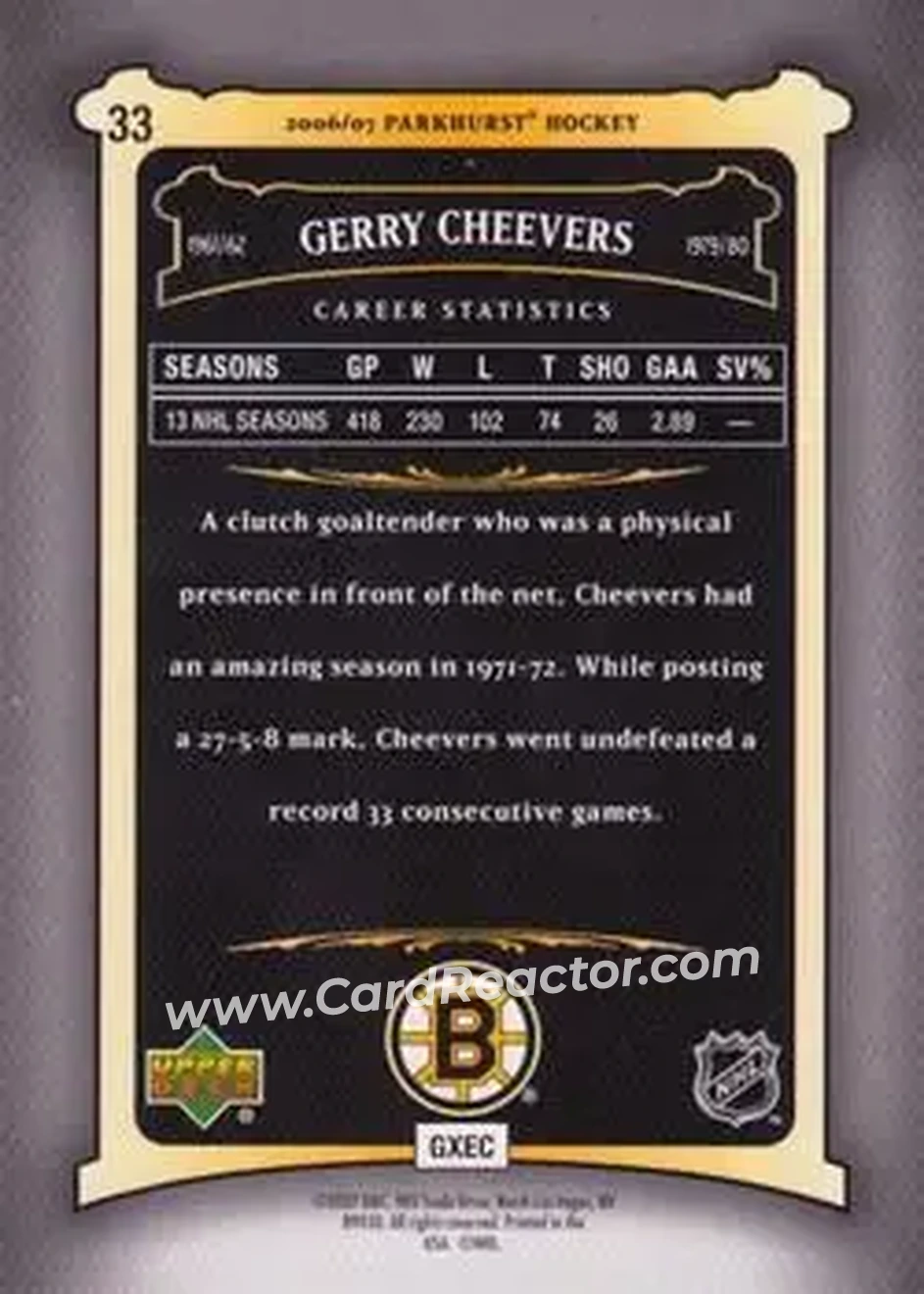2006-07 Parkhurst #33 - Gerry Cheevers - Boston Bruins - Back