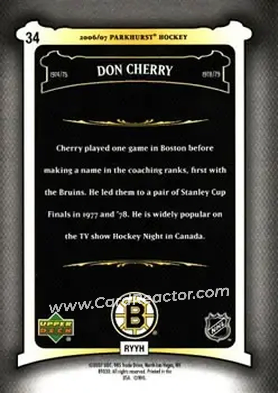 2006-07 Parkhurst #34 - Don Cherry - Boston Bruins - Back