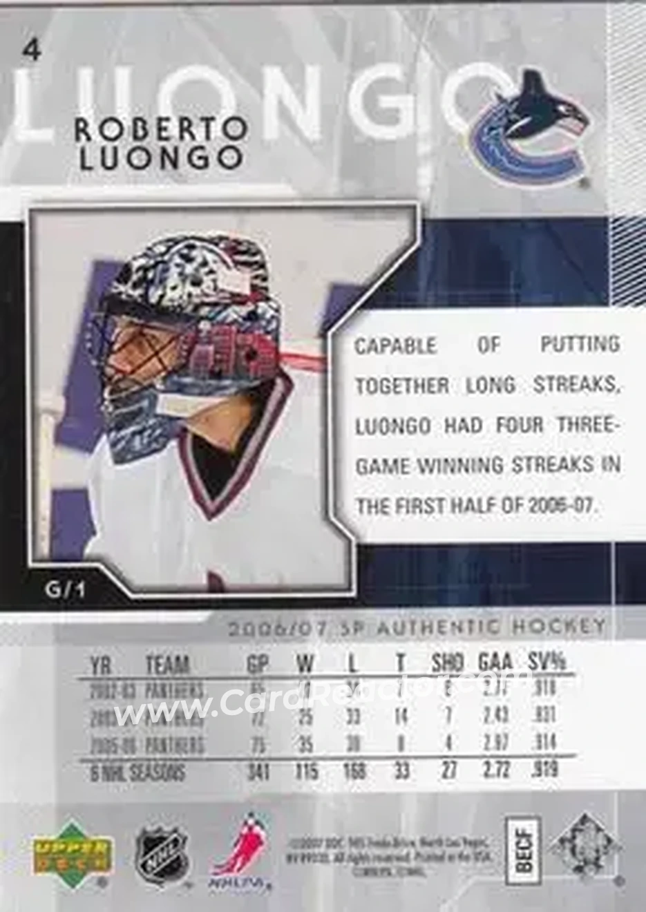 2006-07 SP Authentic #4 - Roberto Luongo - Vancouver Canucks - Back