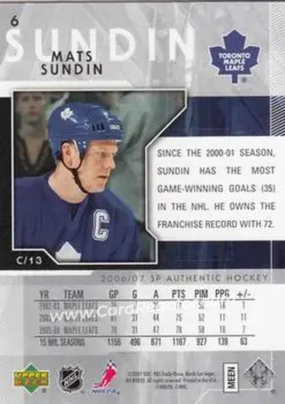 2006-07 SP Authentic #6 - Mats Sundin - Toronto Maple Leafs - Back