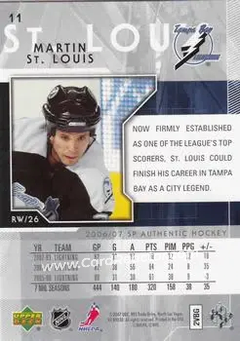 2006-07 SP Authentic #11 - Martin St. Louis - Tampa Bay Lightning - Back