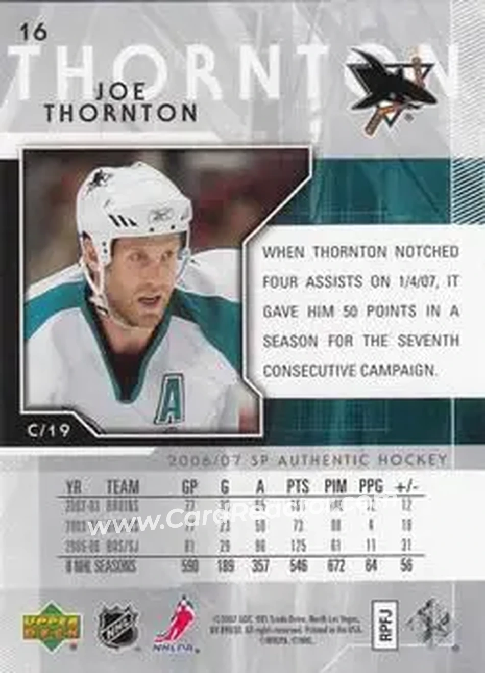 2006-07 SP Authentic #16 - Joe Thornton - San Jose Sharks - Back
